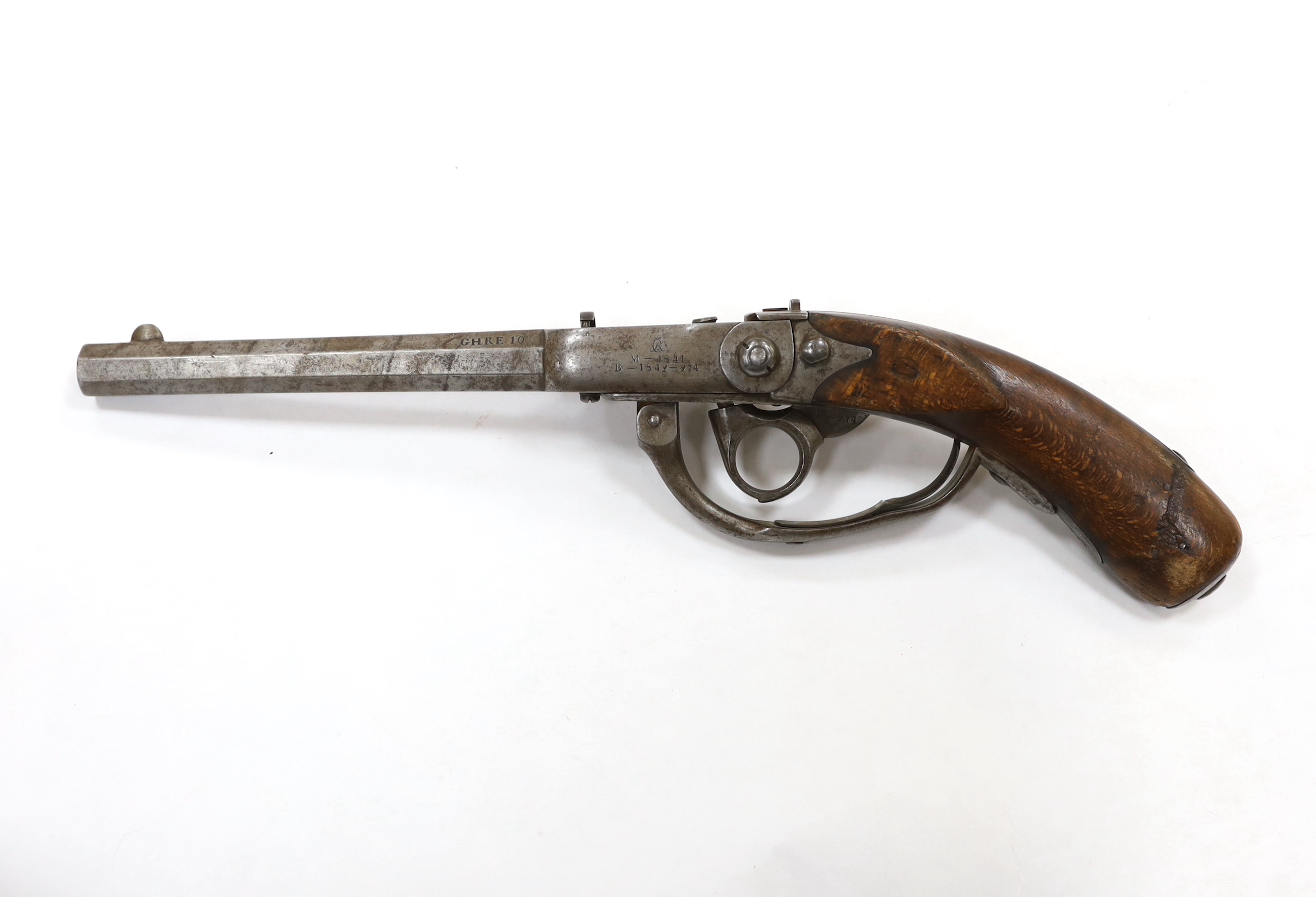A Regulation Danish breech-loading, under hammer percussion military pistol, octagonal twist barrel, breach stamped B–274 barrel stamped GHRE:10 and cipher of Christian VIII of Denmark and stamped for model M-1841 and B-